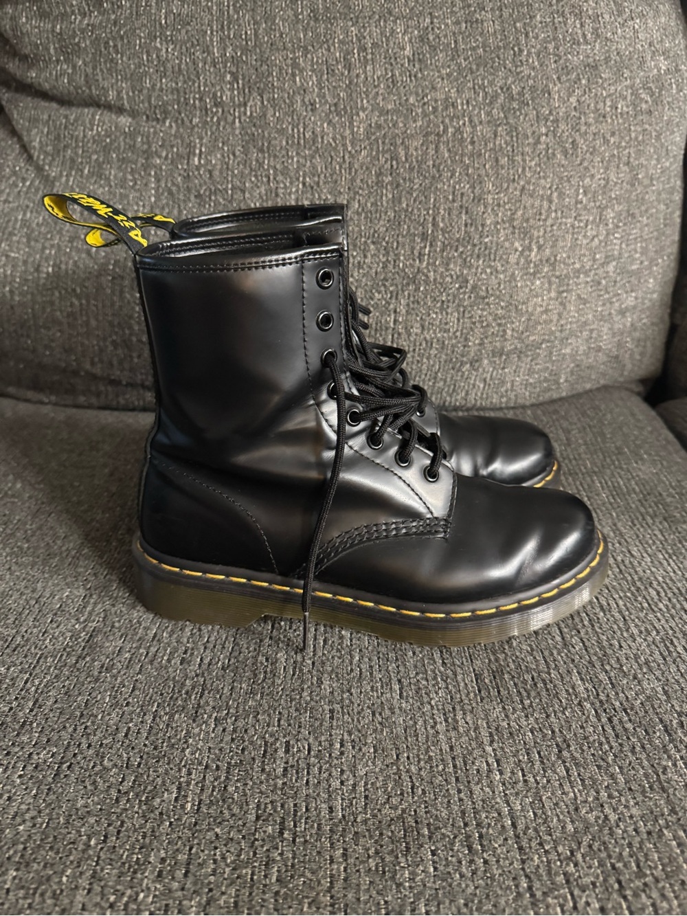 Dr. Martens Black Leather Lace-Up Combat Boots with Yellow Stitching